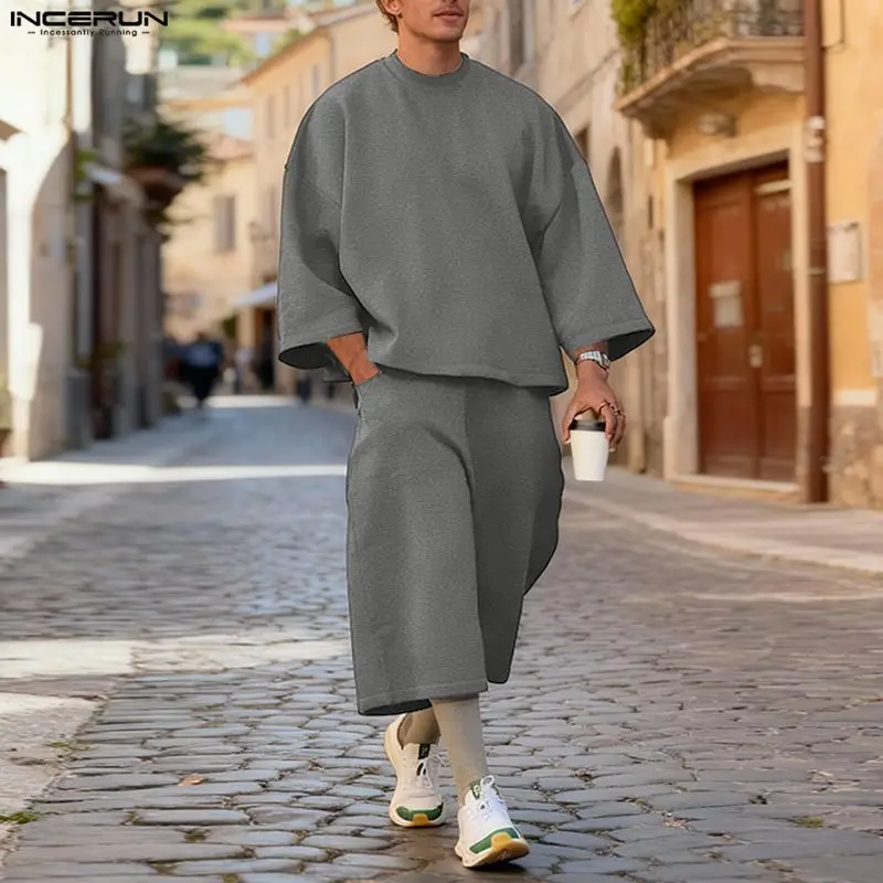 Street Summer Fashion - INCERUN Men Sets Solid Color Baggy