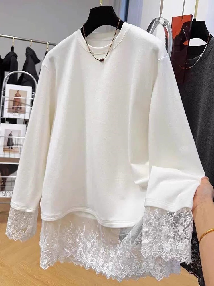 Women Lace Patchwork Long Slee - Longline Tee Oversized recension och pris