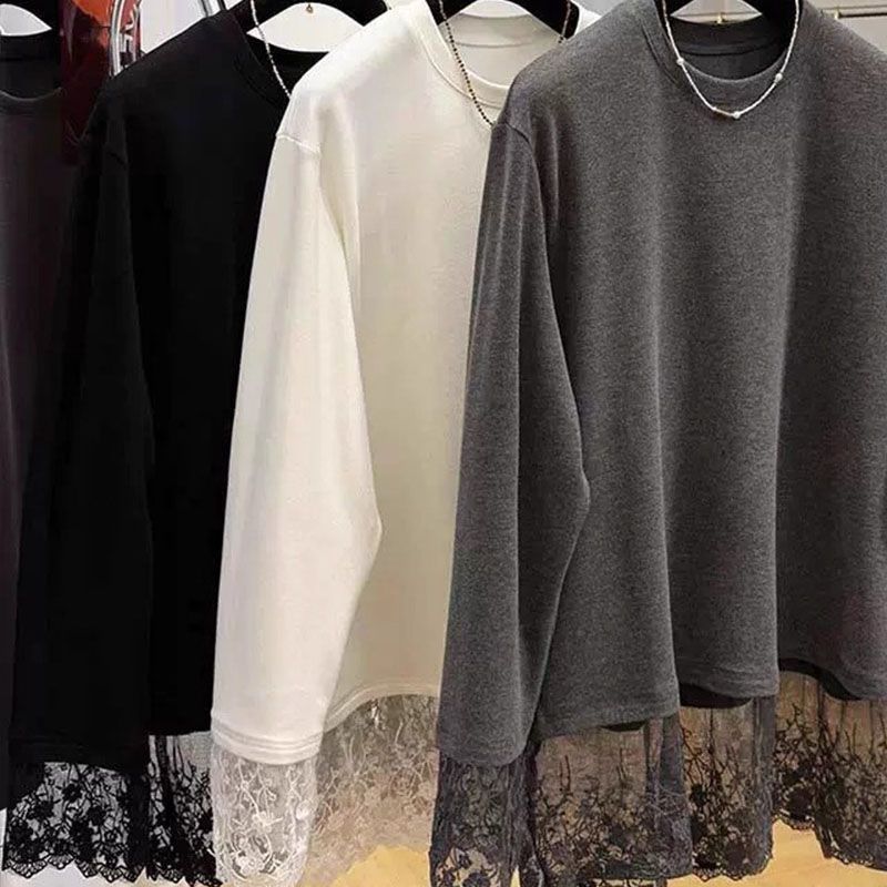 Women Lace Patchwork Long Slee - Longline Tee Oversized recension och pris
