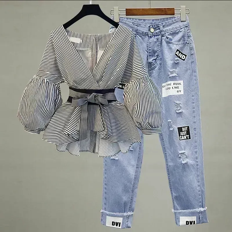 Women Elegant V-Neck Stripe La - Street Fashion Korean recension och pris