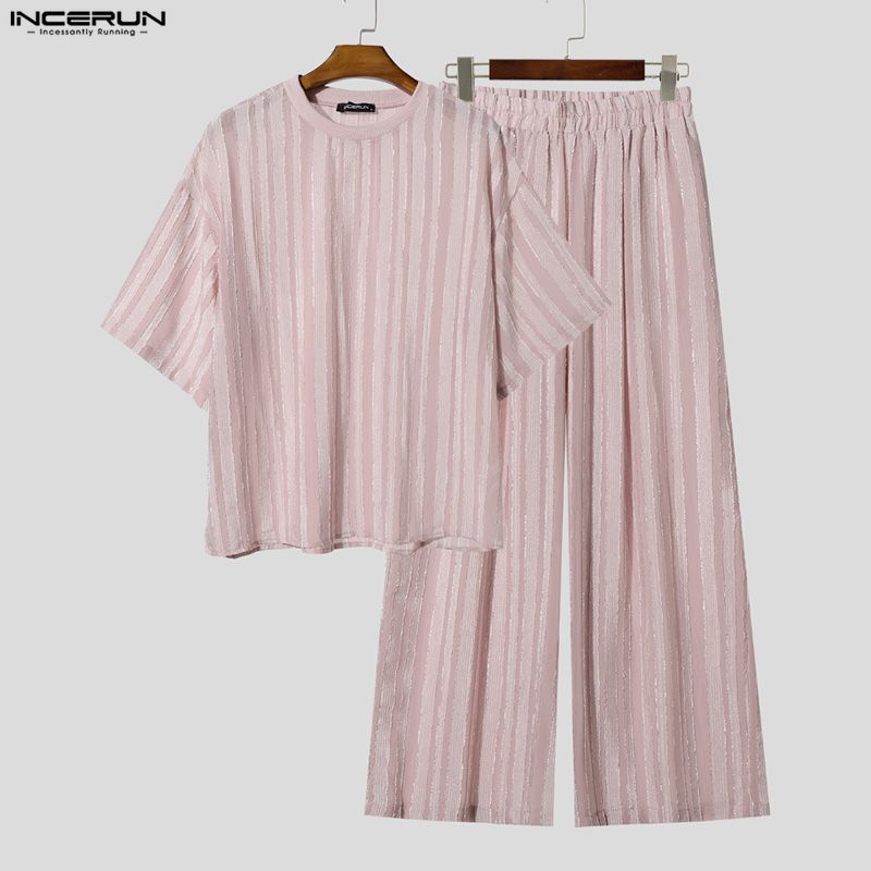 INCERUN Men's Sets Striped See - Street Summer Fashion recension och pris